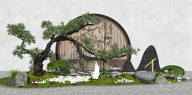 新中式日式庭院景觀小品景墻石頭枯山水跌水景觀草圖大師su模型適合景